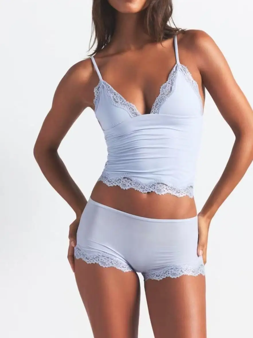Online Store Ning Art Zen Outfit Set Lace Trimmed V-Neck Casual Wear Sleepwear Short Pants Women's Modal Cotton Vest Shorts