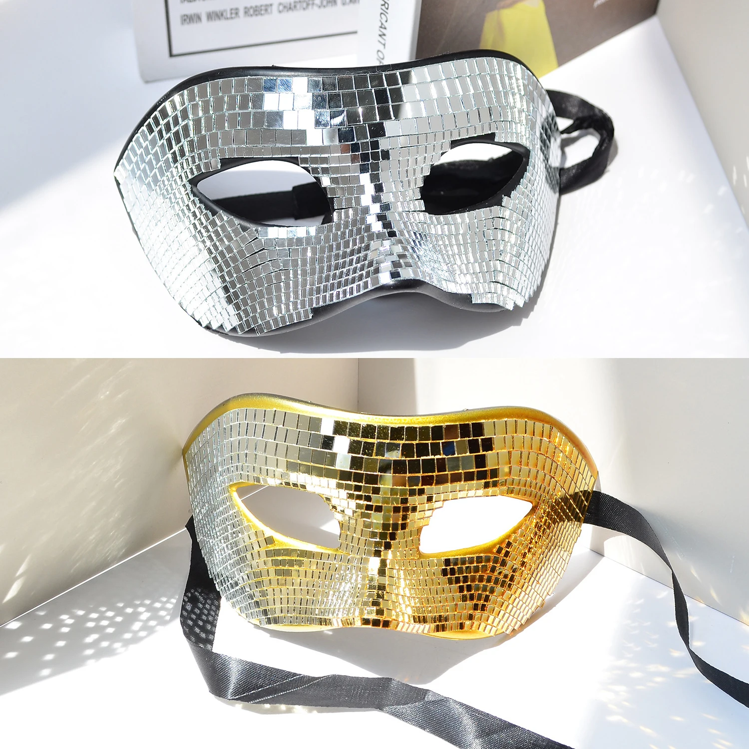 Women Disco Ball Glitter Face Mask Men Glass Mirror Half Face Jewelry Mask Disco Halloween Party  Wearing Bling Bling Decoration