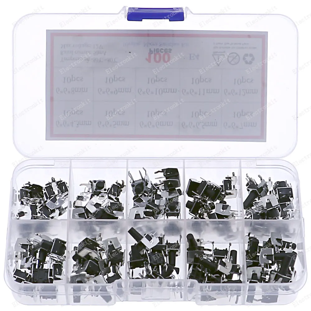 

100pcs 10value 6x6mm Momentary Tactile Tact Mini Switch Mixed kit Box 6*6*4.3/5/6/6.5/7/8/9/10/11/12mm Right Angle With stent