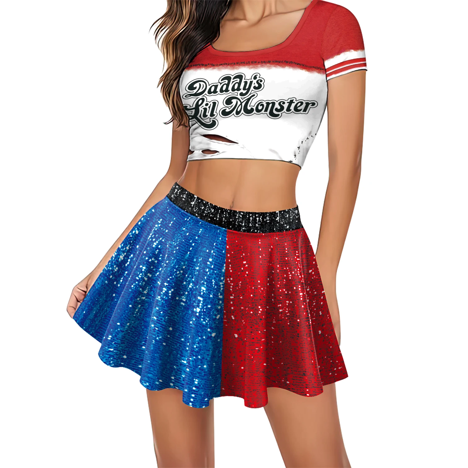 Halloween Film Clown Frauen Anzug Joker Hero Cosplay Kostüm 3D Druck Cheerleading Kostüm Party 2-teiliges Set Karneval Tragen
