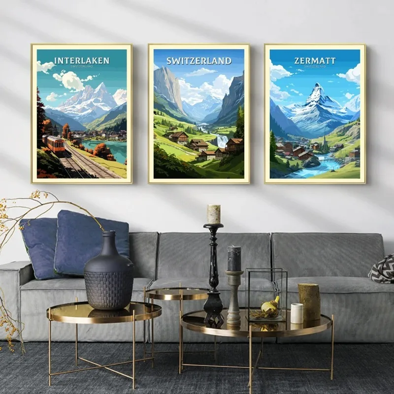 Canvas Poster Switzerland Travel Poster Abstract Poster Cityscape Painting Home Decoration Wall Art Painting