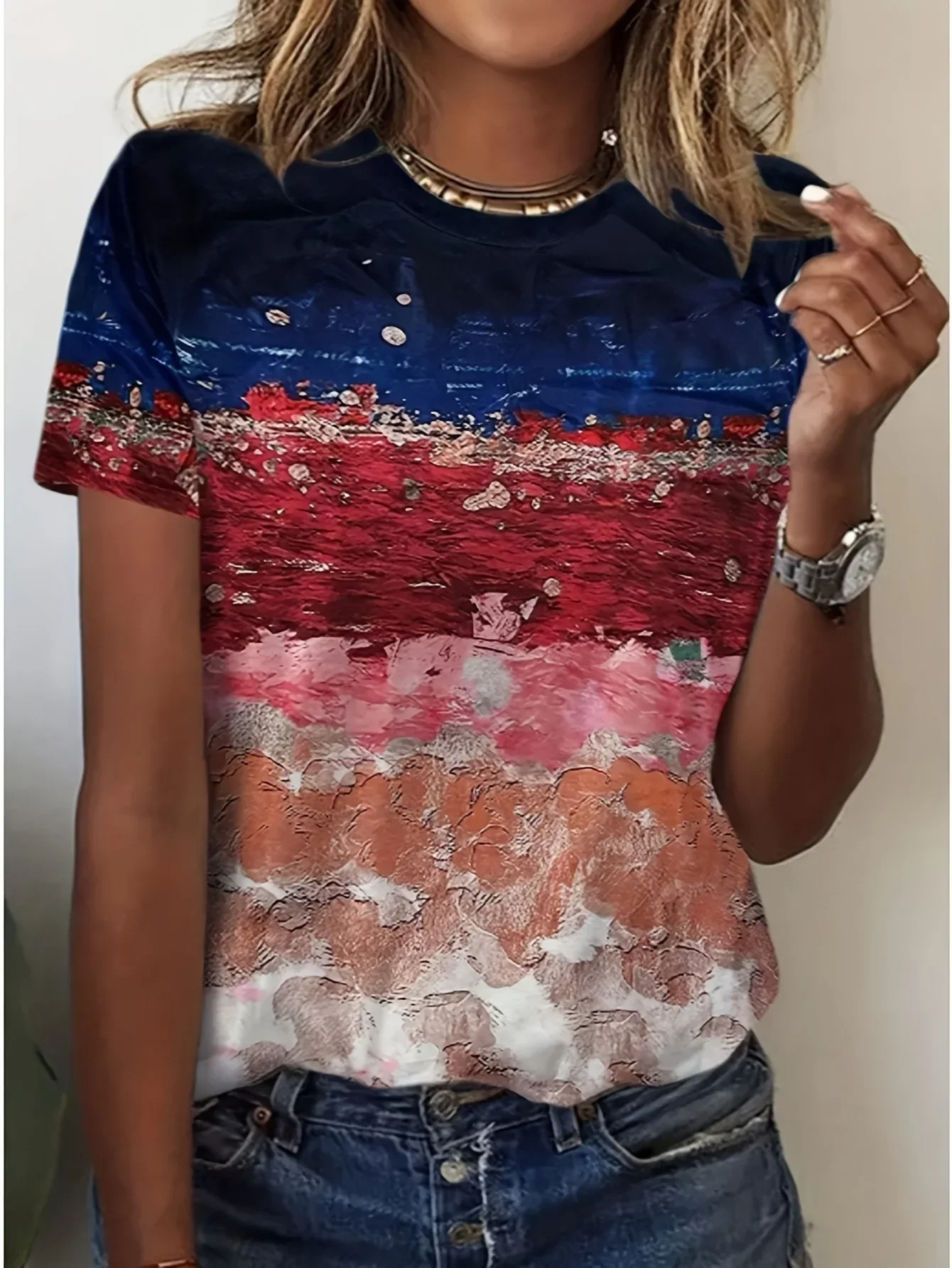 

Plus Size 1XL-5XL Women's Summer Fashion Short Sleeved T-shirt Women Casual Crew Neck Printing Shirts