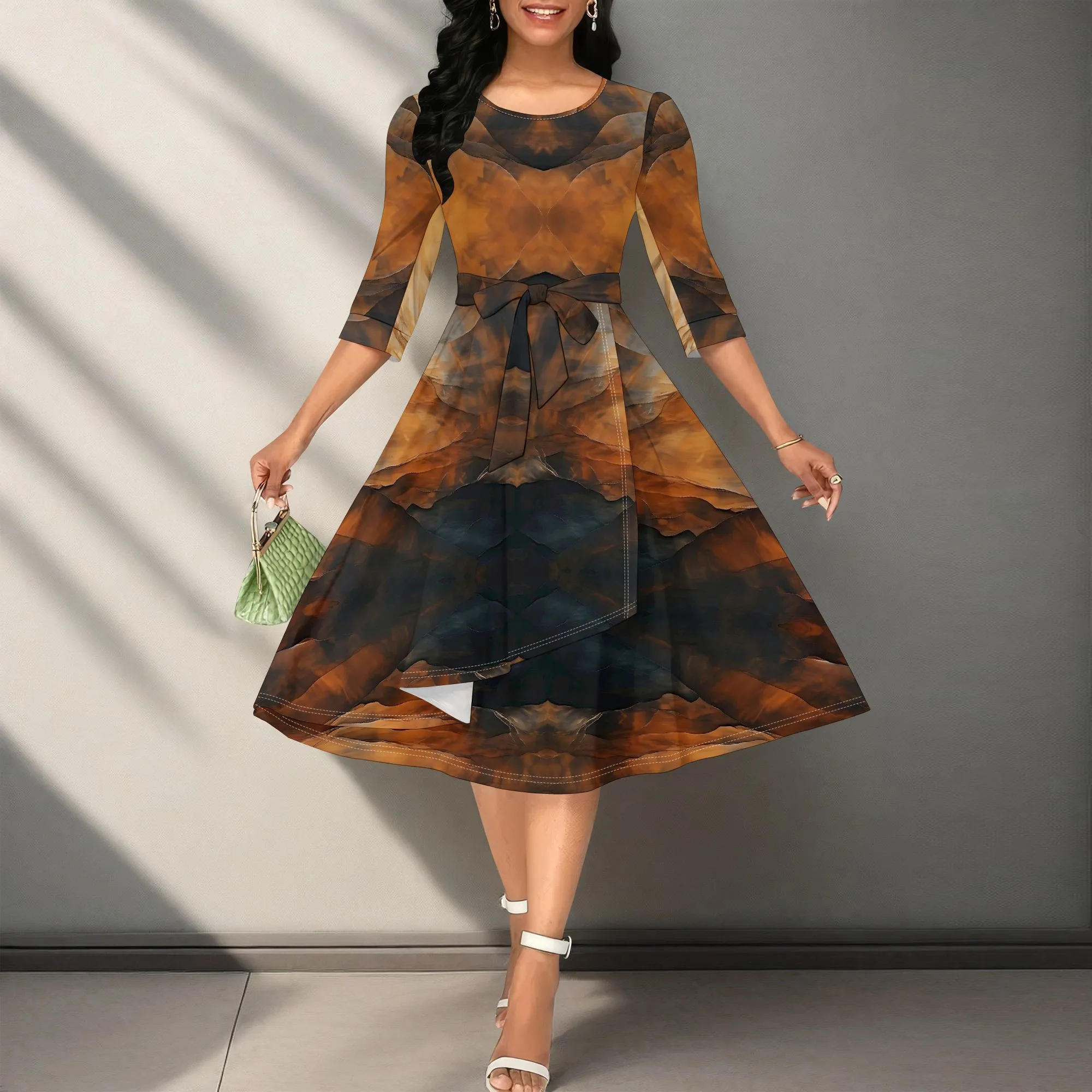 

Retro Print Midi Dress for Women A-Line Fit Waist 3/4 Sleeve Elegant Style for Fall Church Workwear Brunch Look 2025