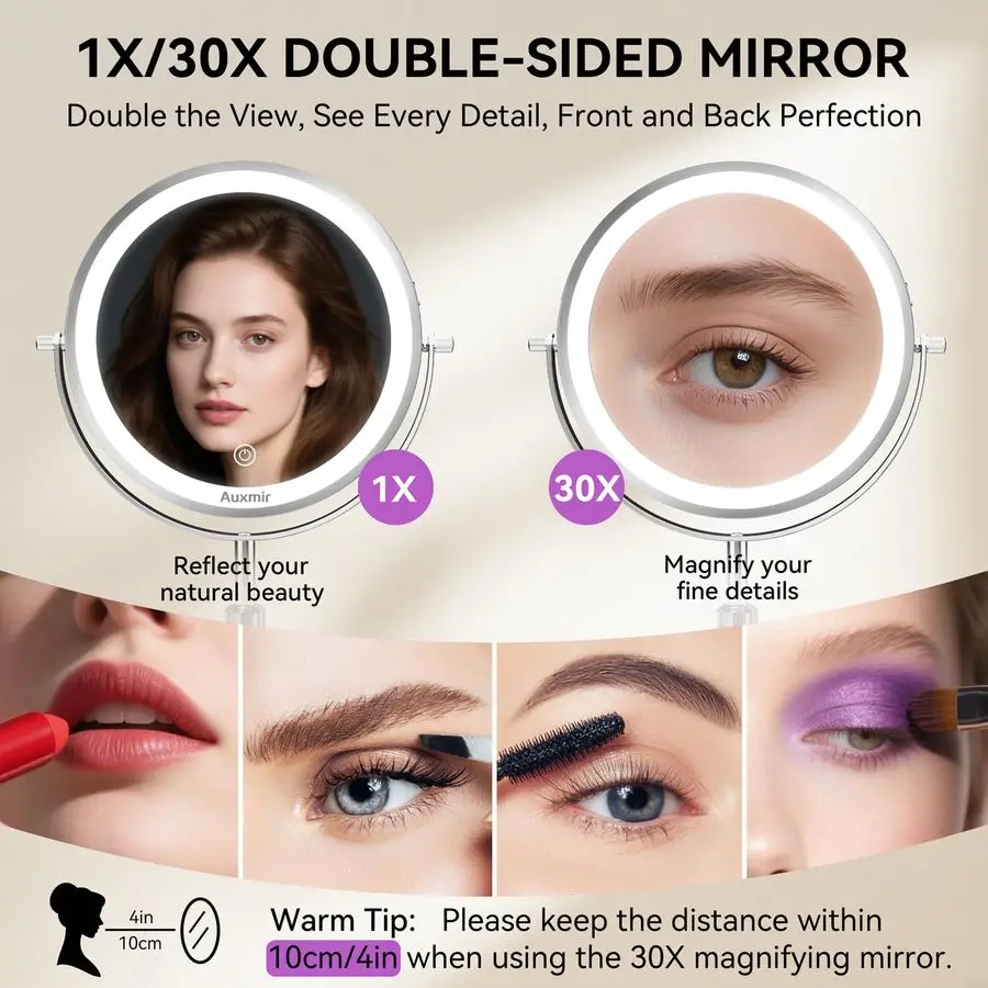 9 Large Lighted Makeup Mirror with Magnification, 1X 30X Double Sided Magnifying Mirror with Adjustable Height, Rechargeable Van