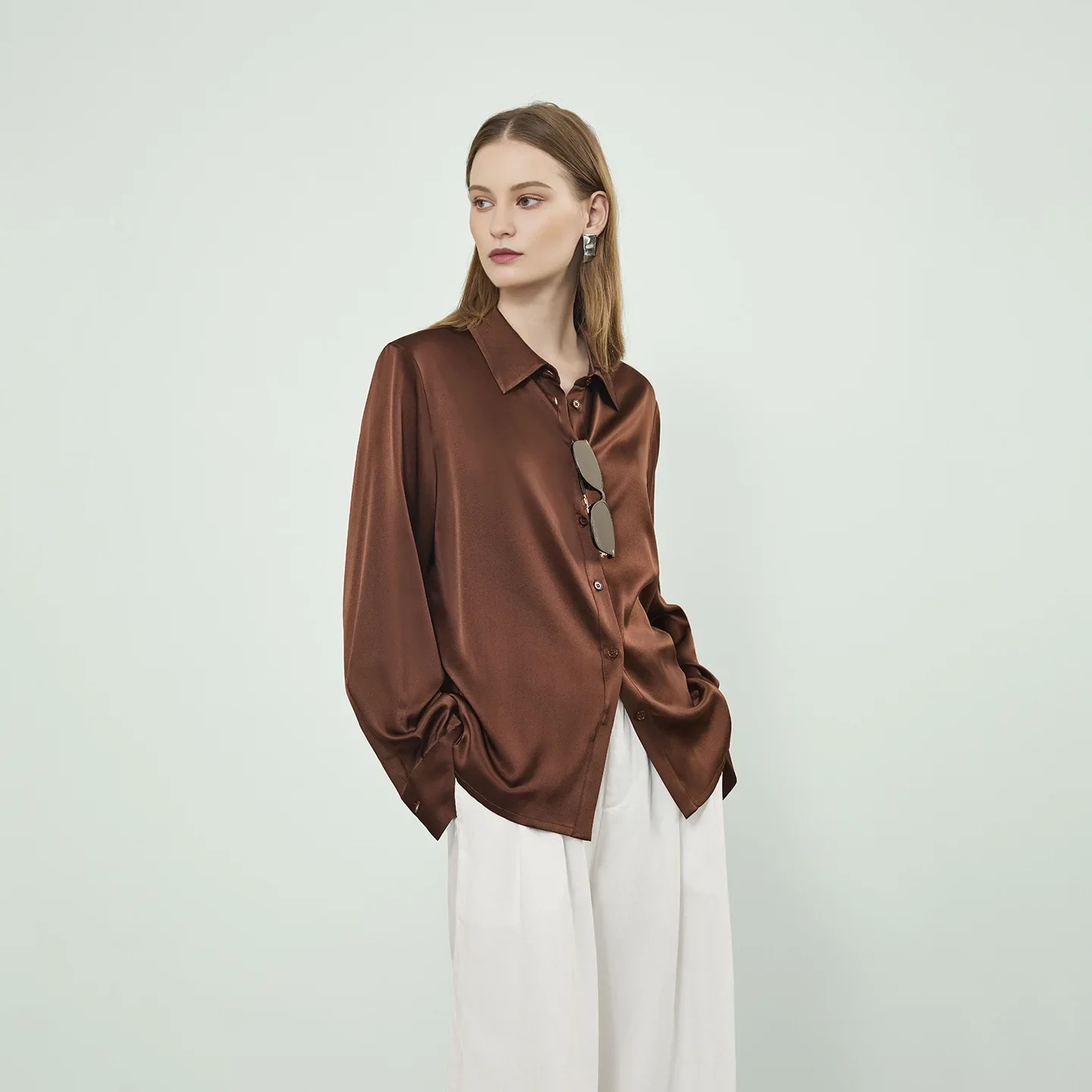 

Женская шелковая рубашка шелковицы, свободный кардиган, топы, блузка с длинными рукавами для офиса, однотонный повседневный топ, офисные женские элегантные блузки