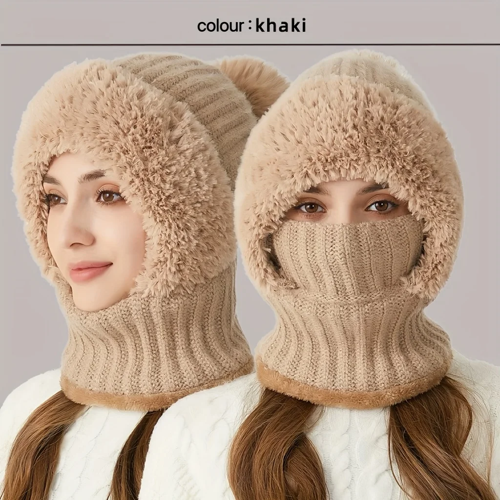 Winter Fleece Lined Knitted Hat with Ear Covers 3 in 1 Winter Hat Scarf Mask Set Windproof Warm Hooded Neck Warmer for Outdoor C