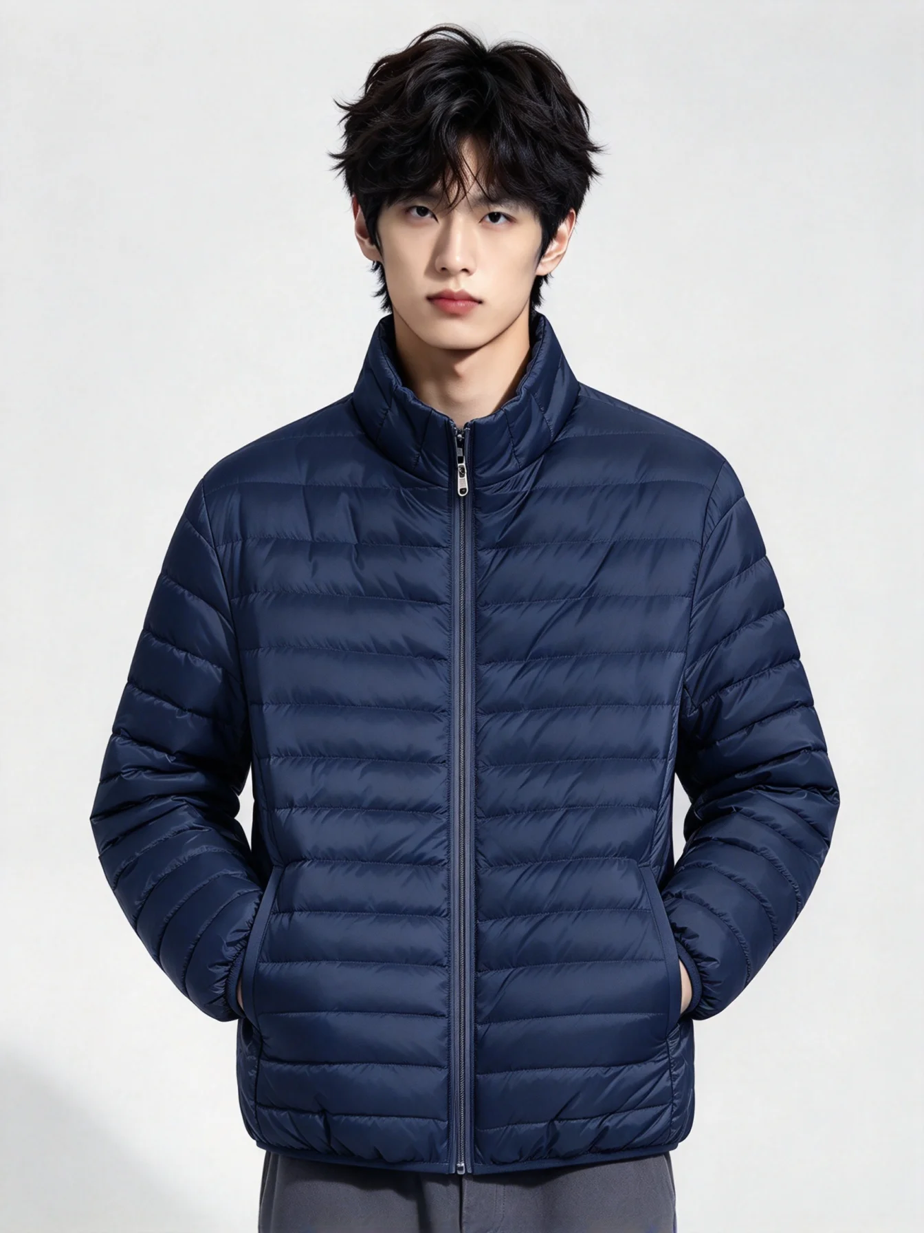 Men Lightweight Puffer Jacket Stand Collar Solid Color Zipper Outerwear Casual Slim Warm Portable Short Coat