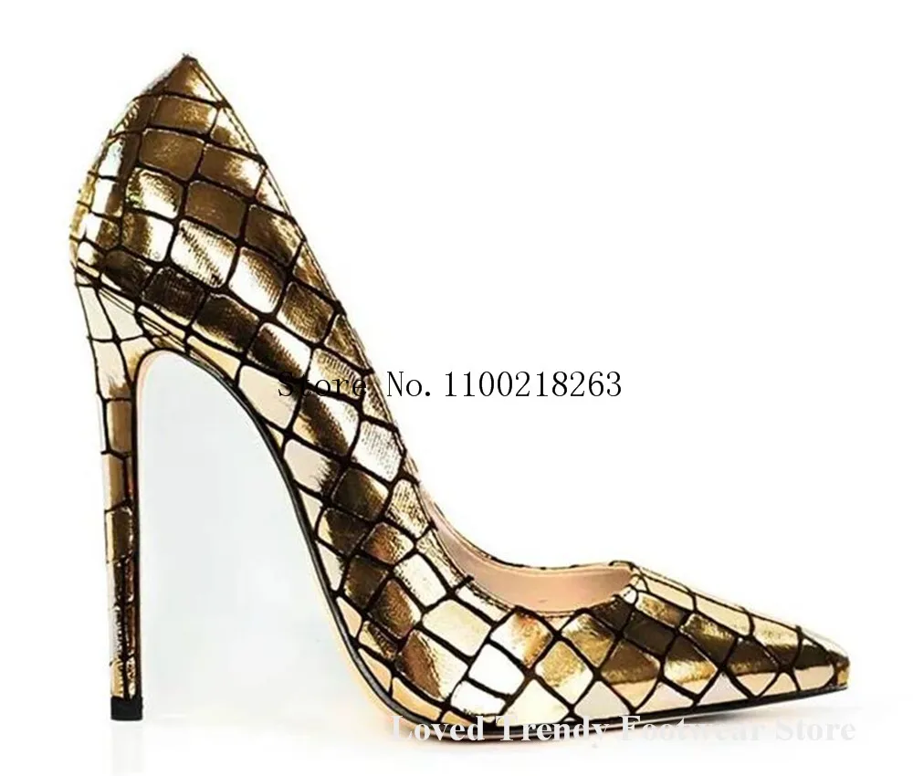 Sexy Gold Silver Metal Snakeskin Leather Thin Heel Pumps Pointed Toe Slip-on Checked Stiletto Heel Dress Shoes Party Heels