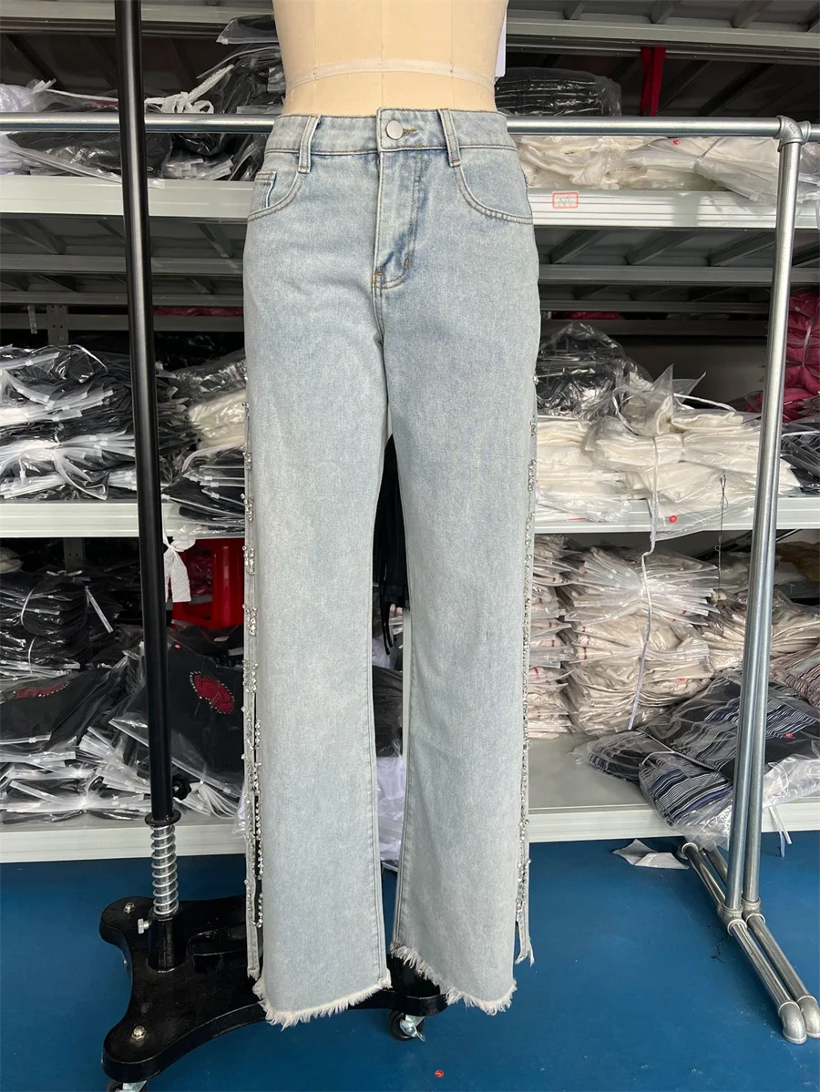 Crystal Chain Women Wide Leg Baggy Jeans High Waist Hollow Out Summer Pants Denim Trousers Y2K Streetwear Side Split Loose Jeans