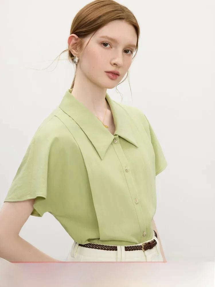 

Retro Commute Shoulder Sleeve Design Women's Shirt Summer 2025 New Style Short Sleeve Top Breathable Polyester Pure Color