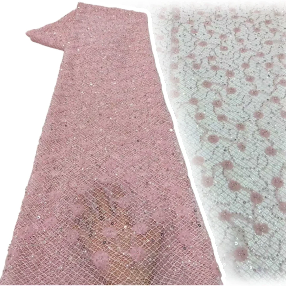 

Розовое французское тюлевое кружево ручной работы с бисером, высококачественная африканская нигерийская ткань с пайетками для свадебного шитья 2026 (2207)