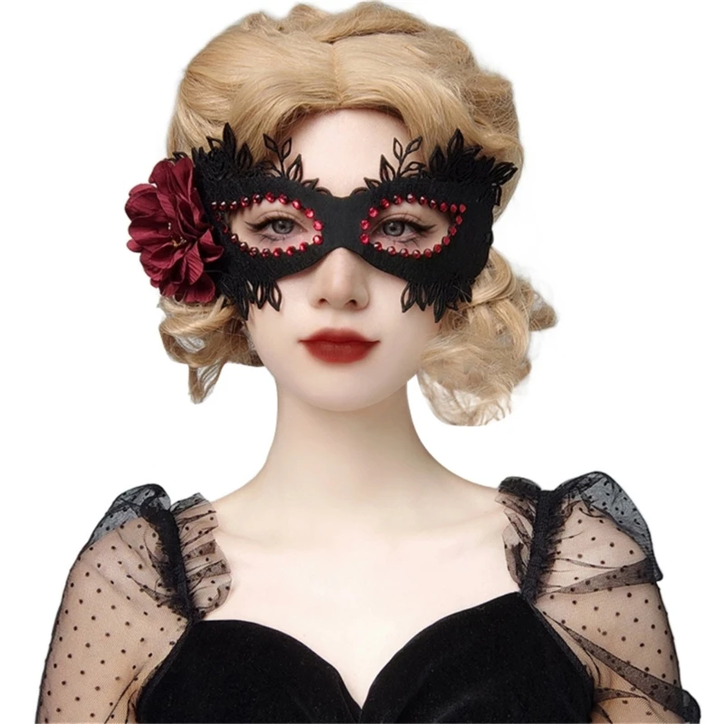 

Masquerade Mask with Rhinestone Flower Half Face Mask Halloween Party Mask Ins-Evening Prom Mask Venetian Mask for Women