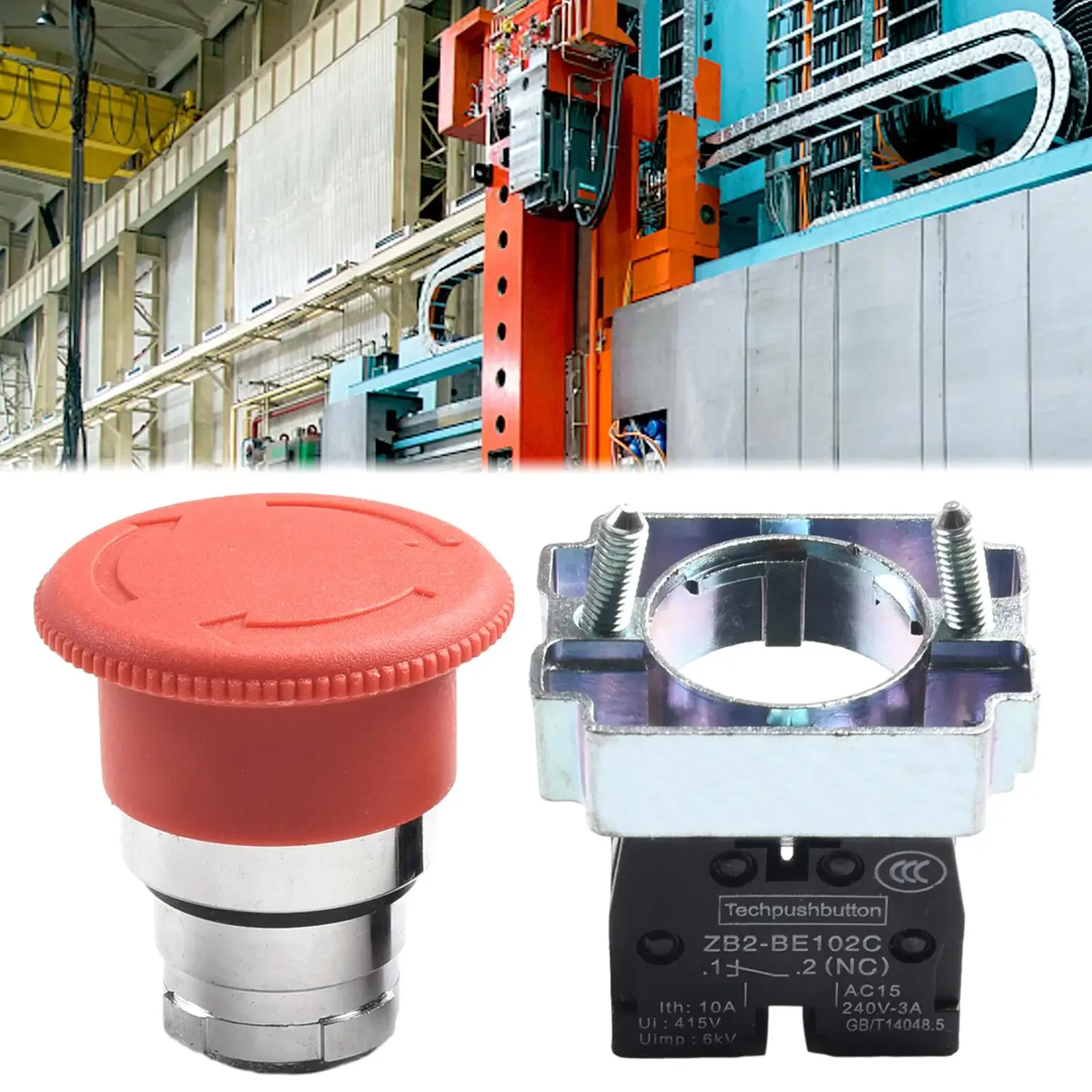 Interruptor de botón pulsador con bloqueo Scram Stop, montaje en panel, botón rojo giratorio de reinicio, 22 mm, 600 V, para equipos industriales ligeros