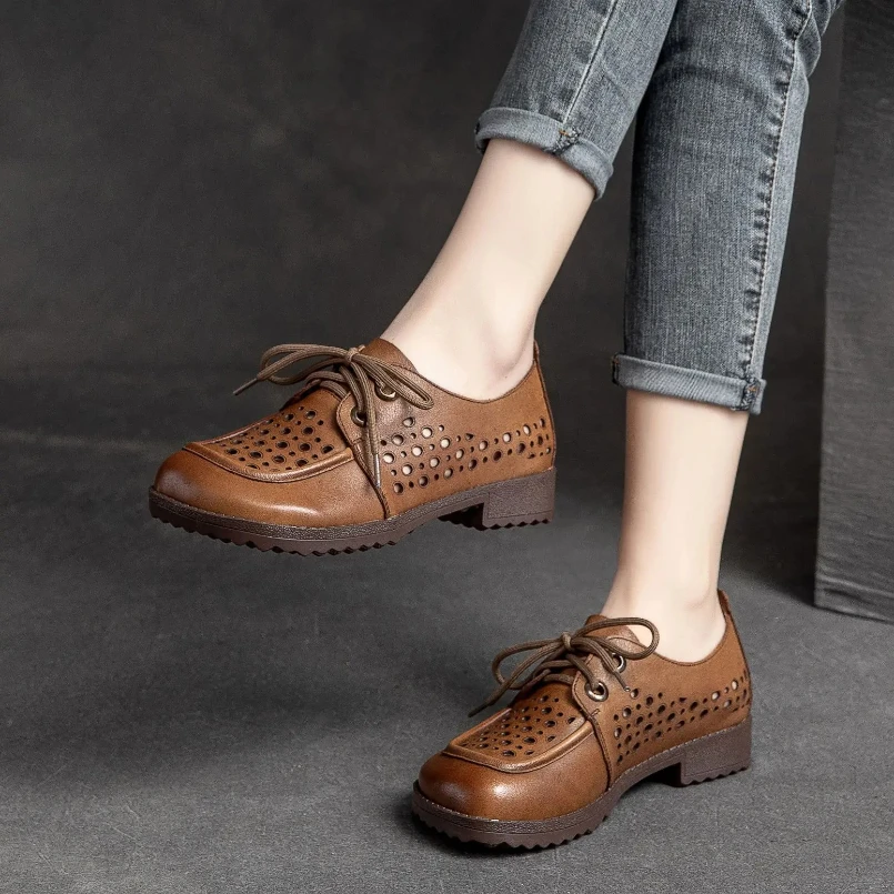 2025 أحذية كعب متوسط للنساء 3 سنتيمتر كعب مضخات جلد البقر أزياء من الدانتل حتى الجوف خارج كعب سميك أحذية منصة السيدات الفاخرة #4