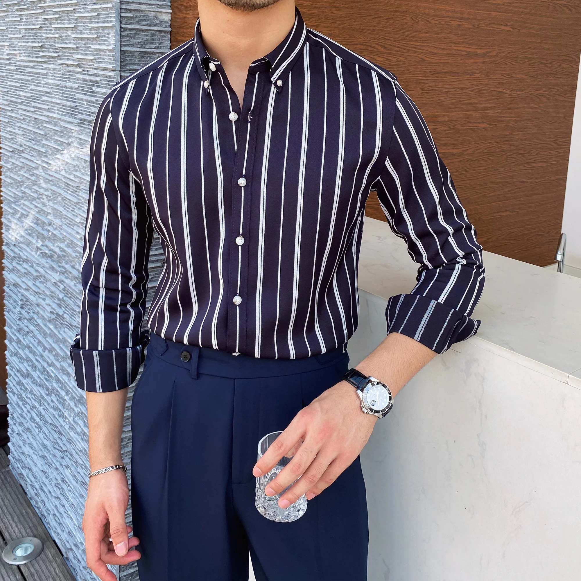 

Summer 2022 Men Business Striped Shirt Long Sleeve Slim Fit Hairstylist Shirts Men Office Tuxedo Stripe Shirt Social Plus Size