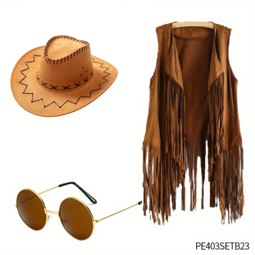 

PESENAR Набор аксессуаров в западном ковбойском стиле, шляпа, жилет с бахромой, солнцезащитные очки