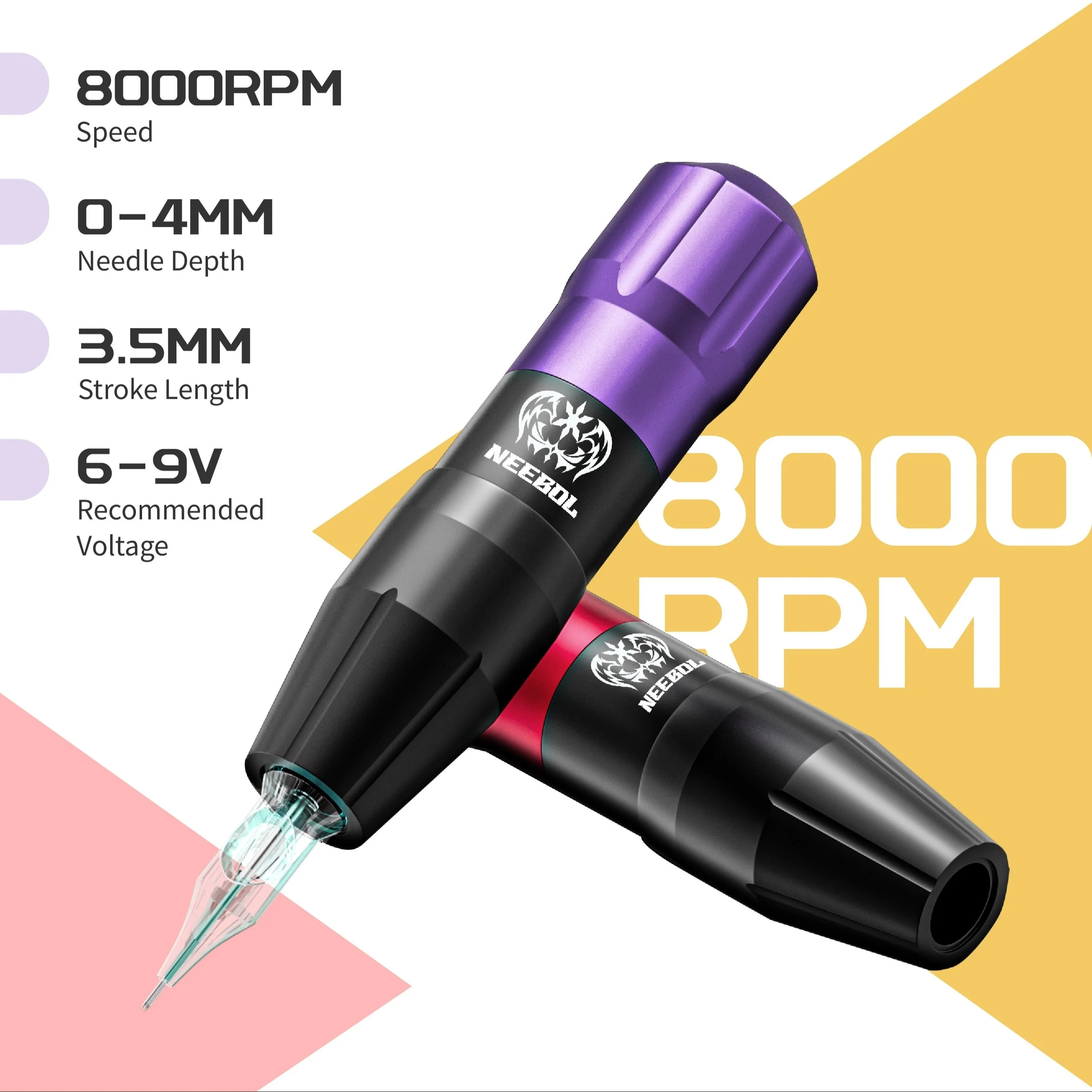 Komplettset Neebol Wireless Tattoo Machine Kit Rotary Tattoo Pen, Tattoo-Patronennadeln, Tinten, 1450 mAh, 2 Akkus