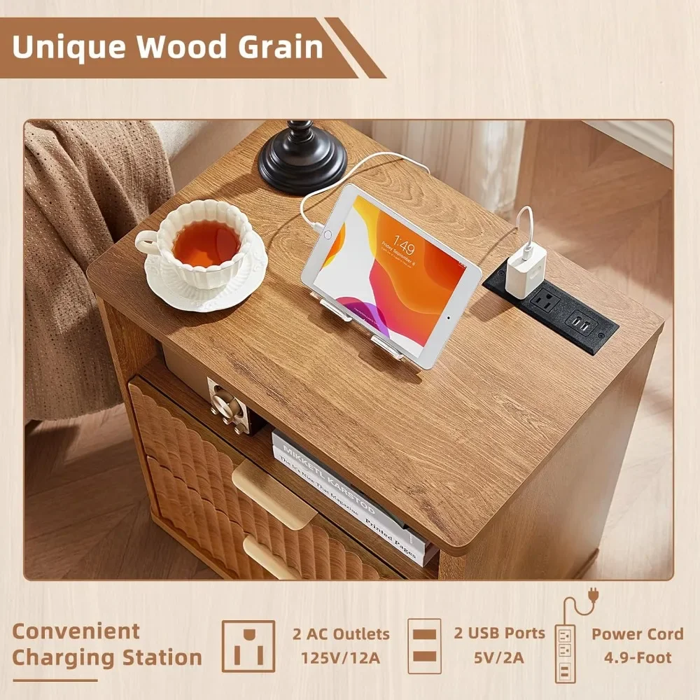 

Fluted Farmhouse Nightstand Set of 2 with Charging Station, 23" Wide 2 Drawers End Table, Brown Dresser, Customized