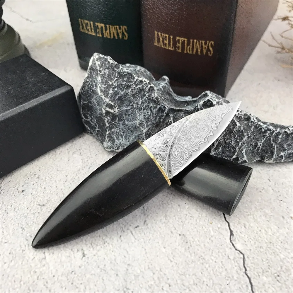 

Высококачественный мини-нож для бушкрафта из дамасской стали — ручка из черного дерева, необходимая для резьбы на открытом воздухе и здания укрытия!