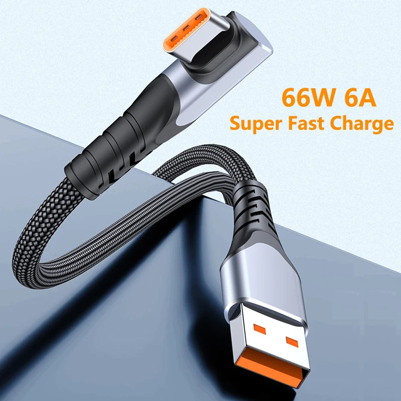 90 Degree USB Type C Fast Charging Cable 6A 66W For Huawei Mate40 Pro Novo8 Type-C Charger Cable Data Cord For Xiaomi Samsung