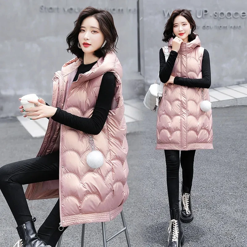 2024 Oversized Cotton Vests Sleeveless Coat Women Autumn Winter Hooded Waistcoat Puffer Parkas Long Warm Down Cotton Outwear