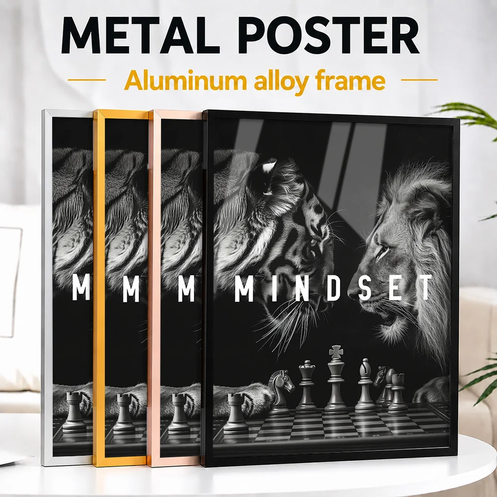 Lion And Tiger Mindset Framed Metal Poster Personalized Nature Tribute Wall Art Perfect In Living Room For Safari Collectors