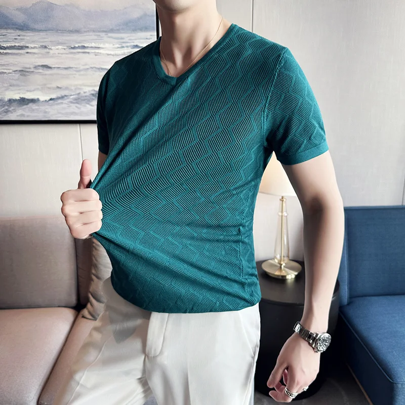 

2023 Summer Men's Short-Sleeved T-shirt Solid Color Slim V-neck Men's Pullover Stretch Top