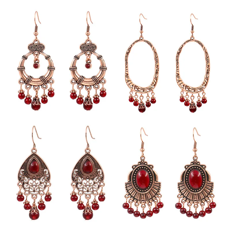 European and American new retro red garnet earrings, women's geometric transfer earrings, ear jewelry, round face and thin