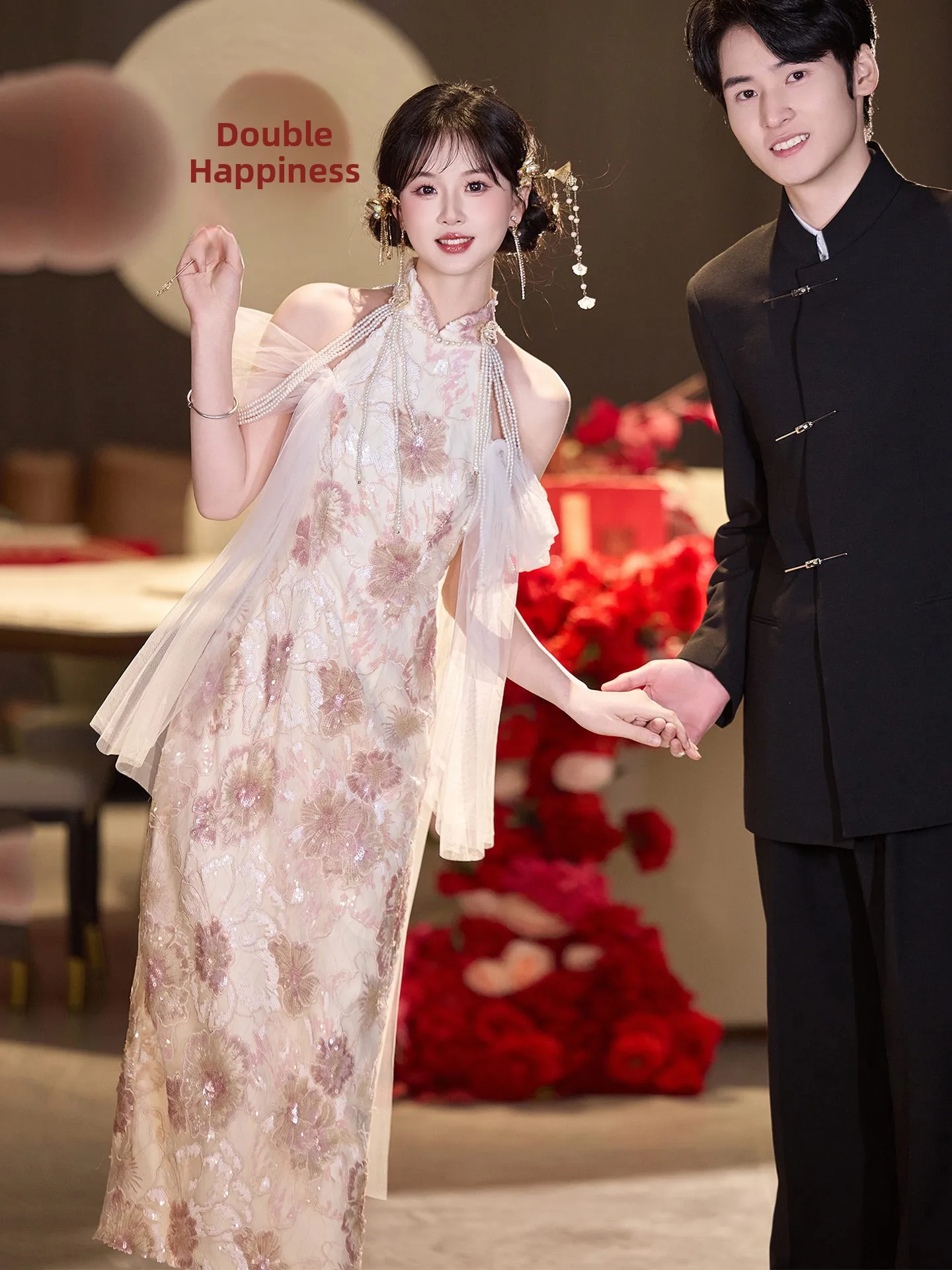 

Ele Pink Engagement Dr Chinese Sle Wedding Ceremony Robe Ne Hanging Design Luxury Morning Gown