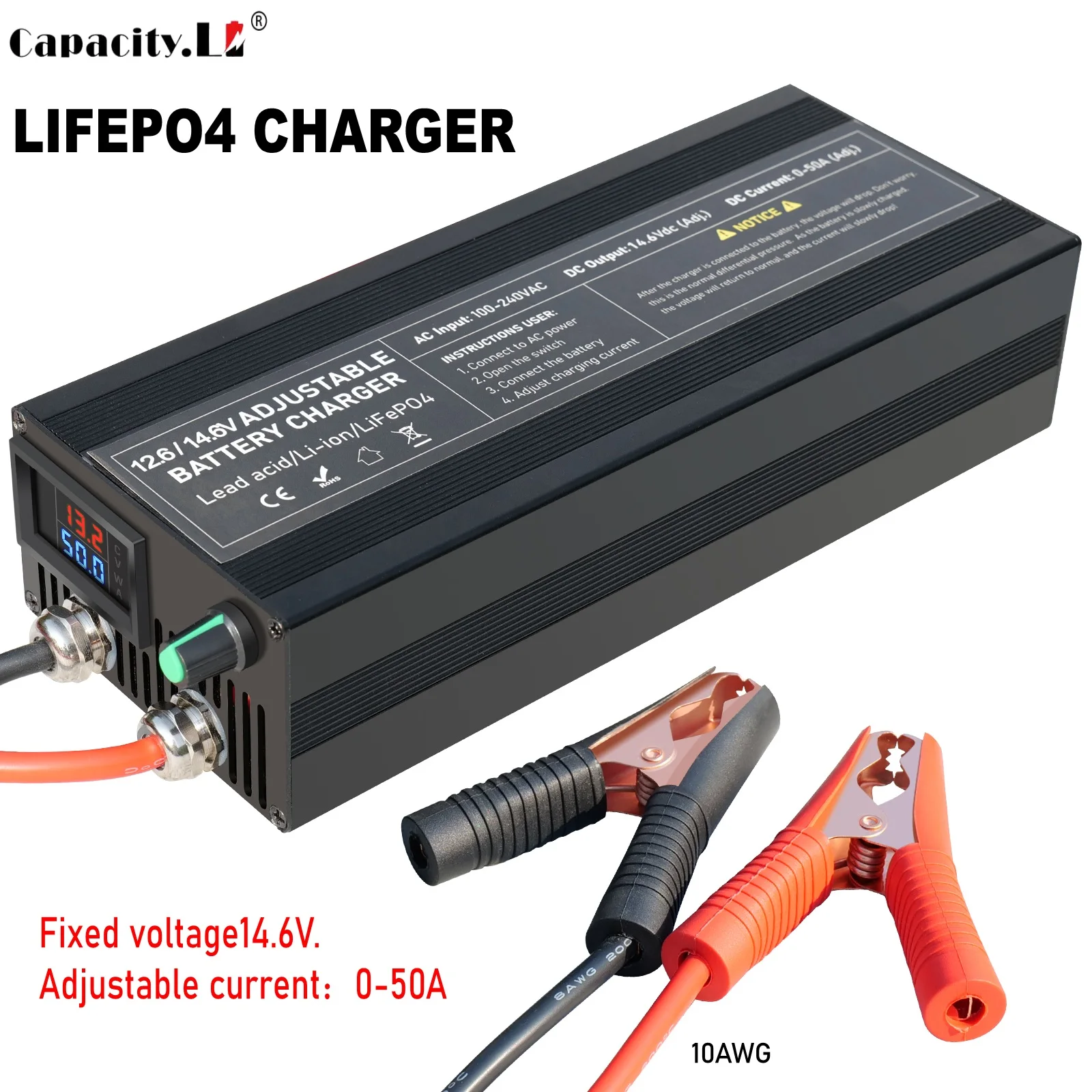 12V 50A Lifepo4 Charger 14.6V 12.8V Lithium Battery Charger 100-240V For Lifepo4 RV Battery Solar Battery Outdoor Power Charging