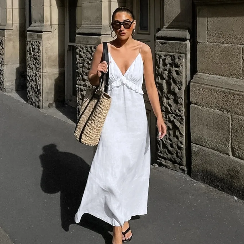 Elegantes Urlaubskleid in Weiß, 100% Baumwolle, Spaghettiträger, Lässiges Sommerkleid, Strandkleid, A-Linie, Langes Kleid, Schickes Damenkleid 2026