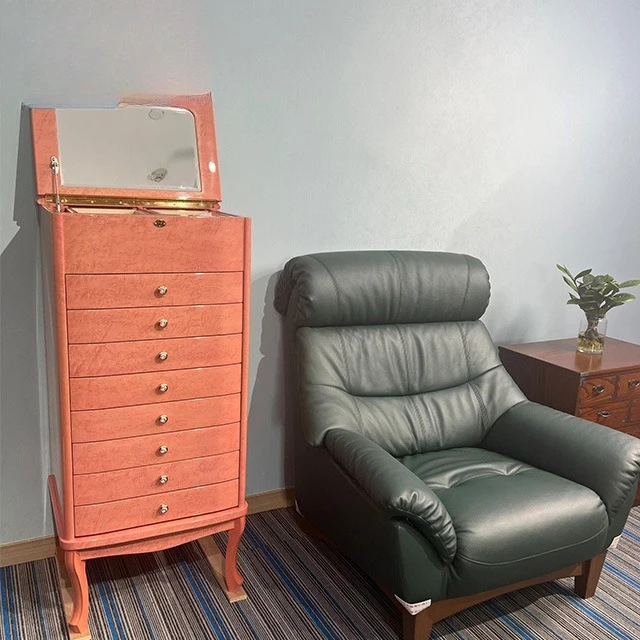 خشب صلب فاخر خفيف، خزانة مجوهرات مع مرآة، أرضية ممتازة مع قفل، خزانة تخزين المجوهرات