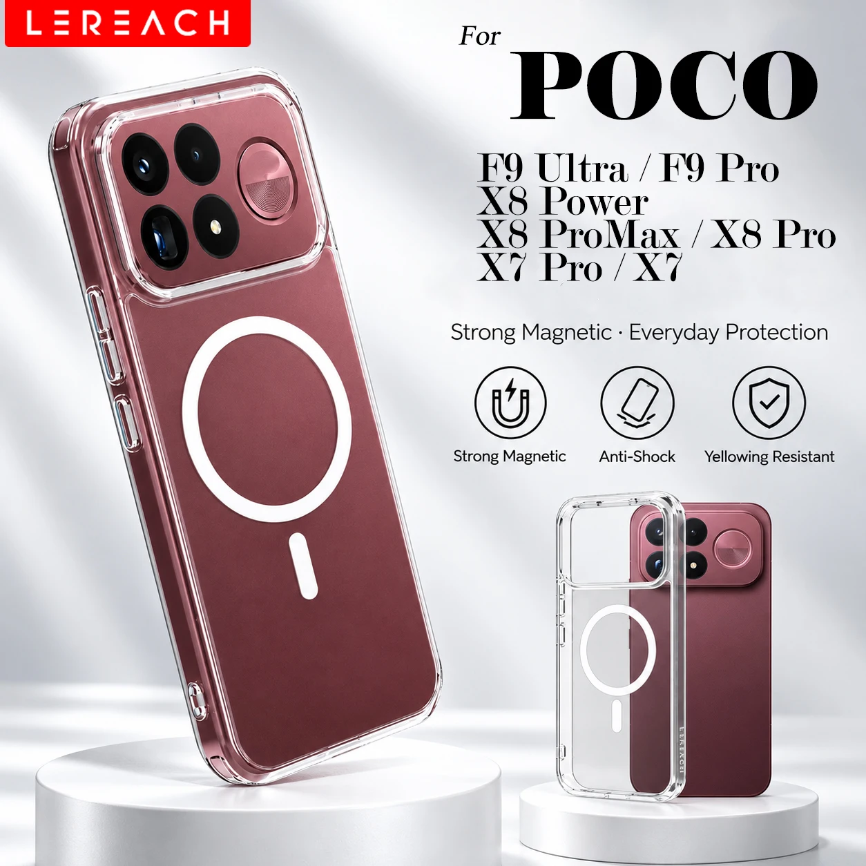 Coque de téléphone magnétique transparente et résistante aux chocs pour POCO F9 Ultra, F9 Pro, X8 Pro Max, X7 Pro, avec protection des quatre coins et compatible avec la recharge sans fil.