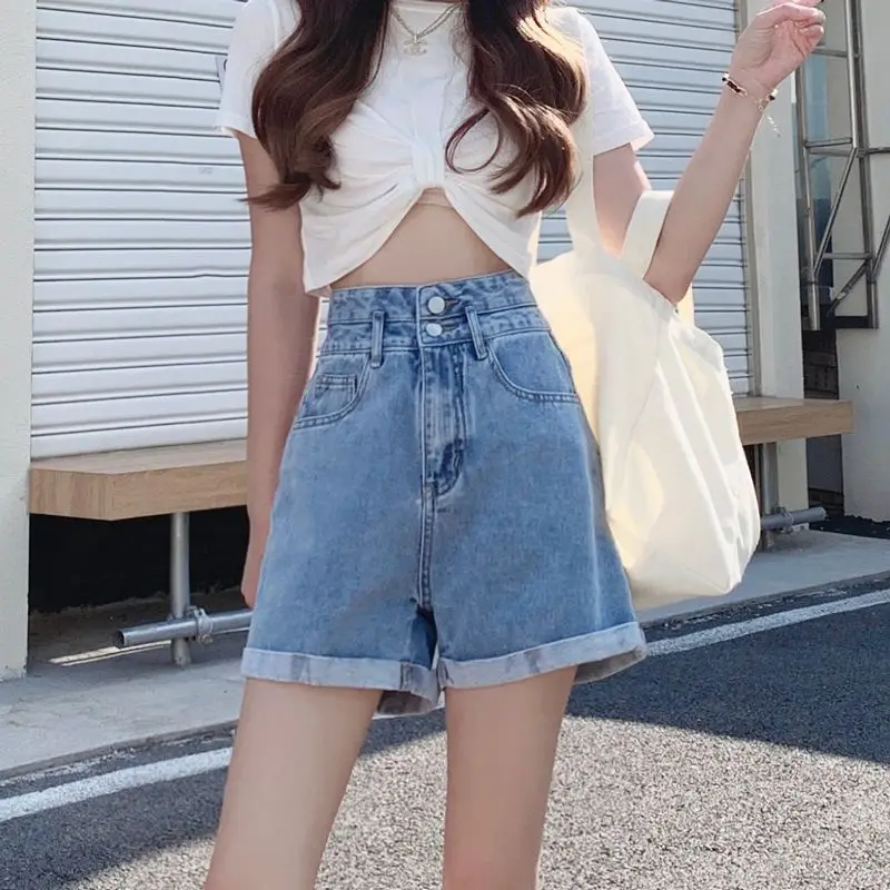 

High Waist Double Buckle Denim Shorts Loose Fit Slimming Light Color Black Wide Leg Women's Fashion Summer Korean Style Shorts