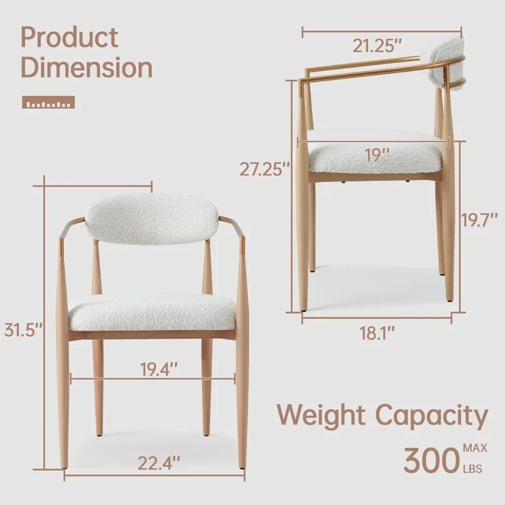 Modern Upholstered Dining Chairs Set of 4, White Boucle Dining Chairs with Arm and Wood Grain Legs for Kitchen, Living Room image 2