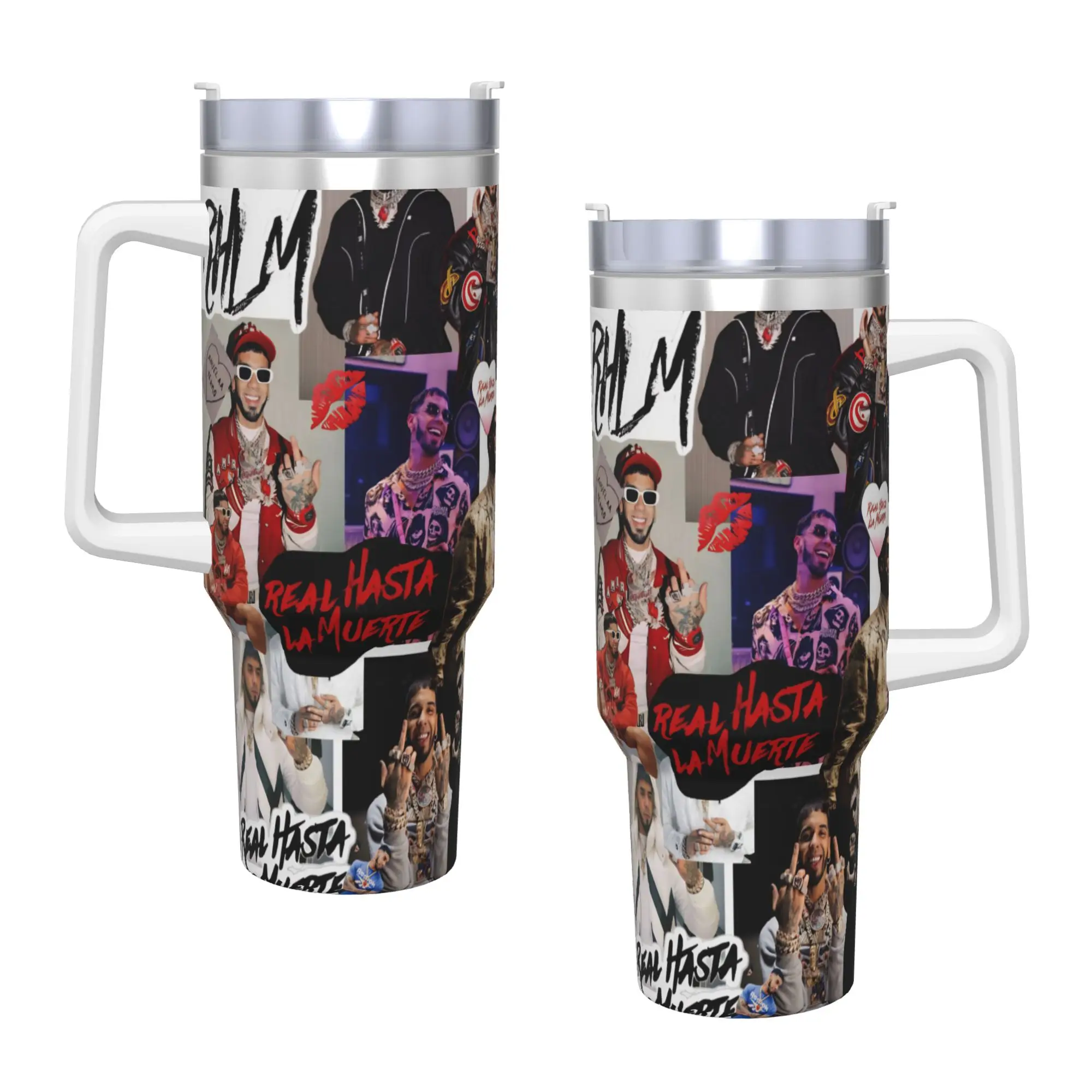Anuel AA  Rapper Singer Tumbler Vacuum Insulated  Thermal Cup with Lid Straw Smoothie Tea Mug Water Bottle 40oz