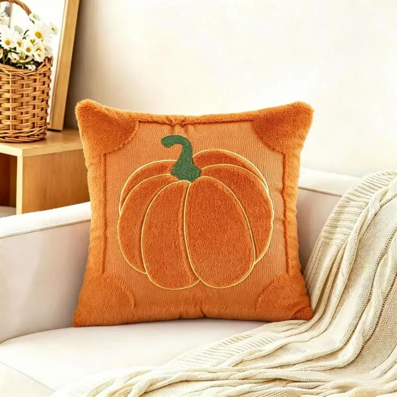 Thanksgiving-Kürbis-Herbst-Kissenbezug, Cojines, beige-orange, dekorativer Sofa-Plüsch-Kissenbezug, Kopfteil-Kissenbezüge – Detail 8