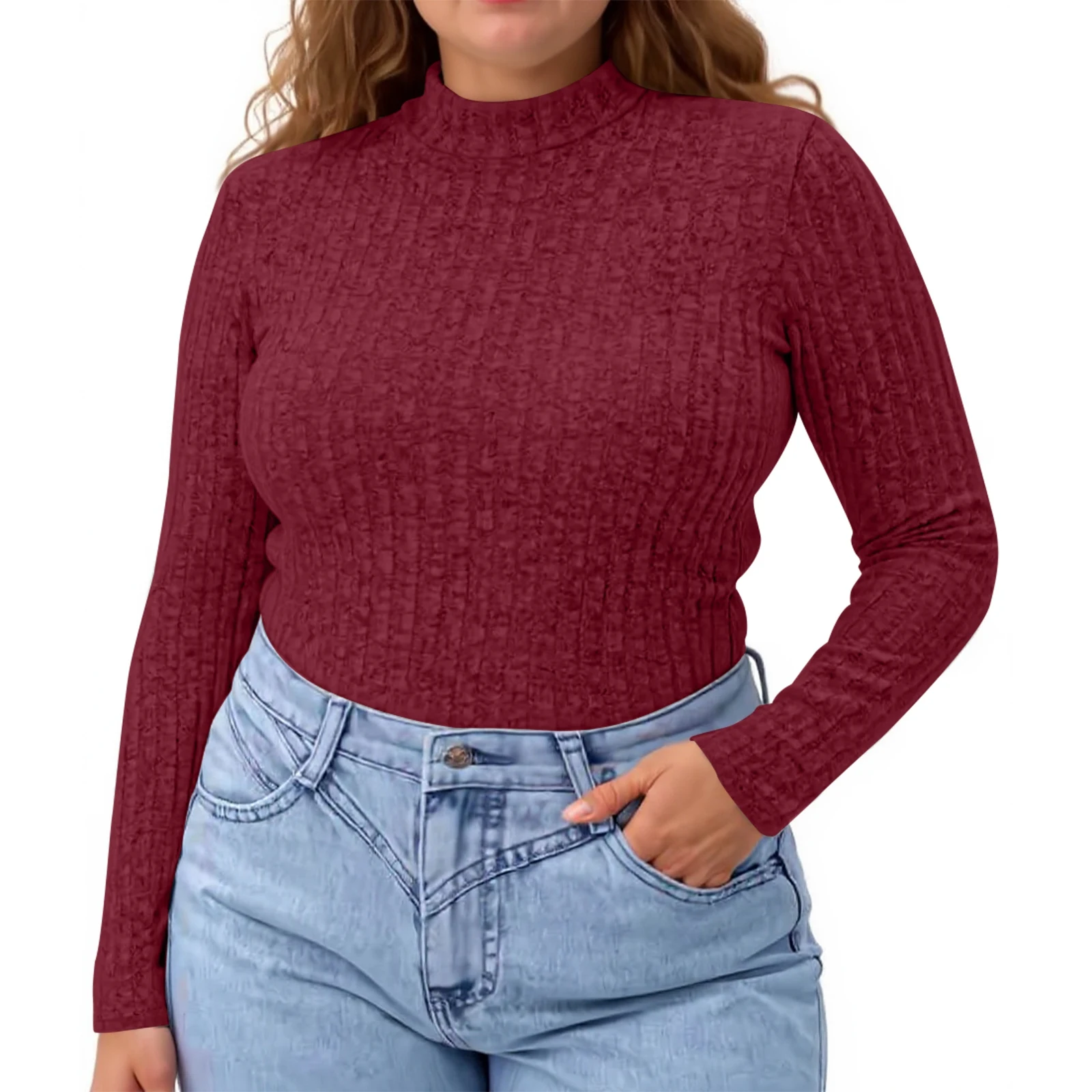 Plus Size Women's Solid Color knitted Sweater Autumn and Winter Long Sleeved Semi High Neck Knitted Pullover Top Casual Knitwear