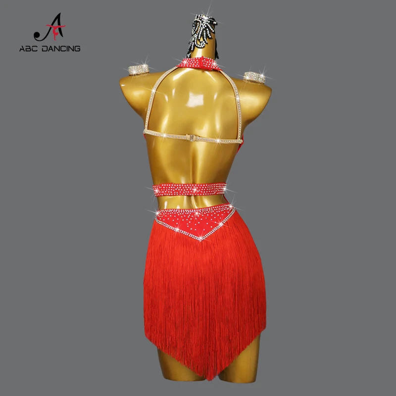 Vestido feminino vermelho de dança latina com pendão, saia sexy para competição adulta, roupa feminina, fato de festa esporte Cha-Cha, novo, 2024