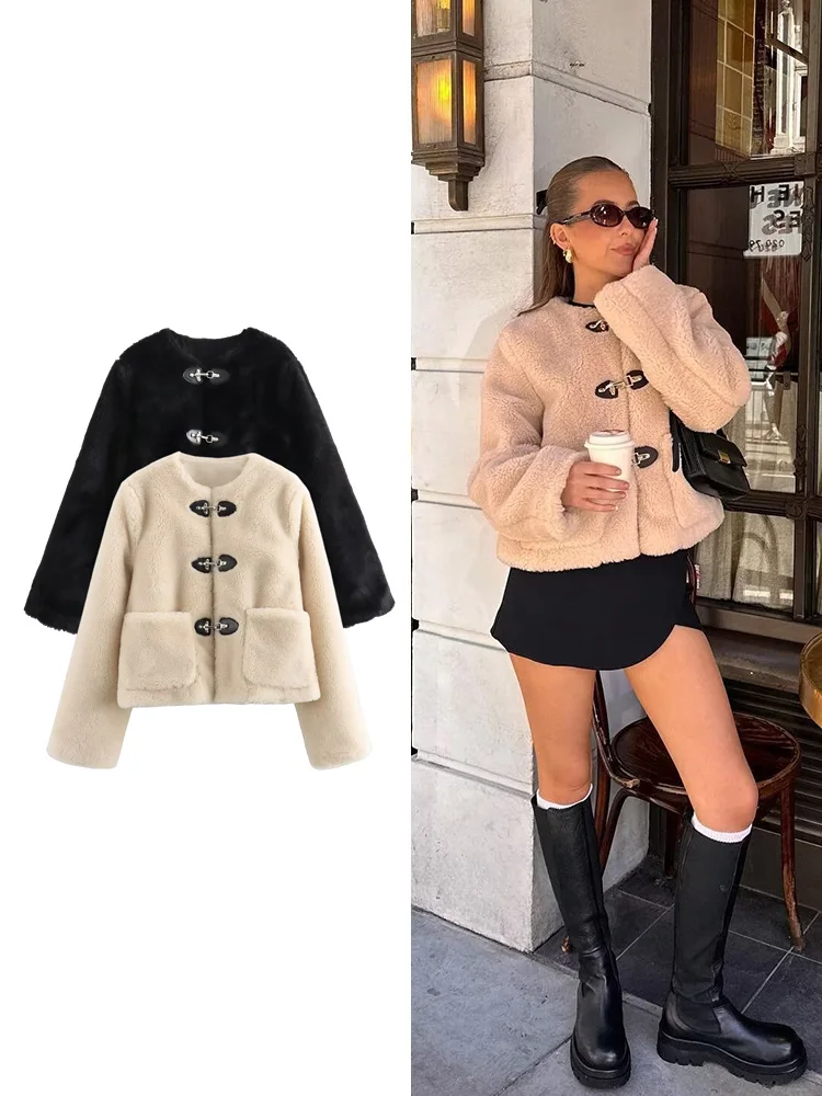

TRAF Women's Spring Button Warm Jacket Autumn and Winter New Long Sleeve Round Neck Loose Patch Pocket Design Fleece Jacket Y2K