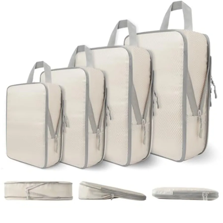 

Комплект из 4 компрессионных упаковочных кубов: расширяемые органайзеры для путешествий, легкие дорожные сумки для ручной клади, цвет Off-White, для организации одежды