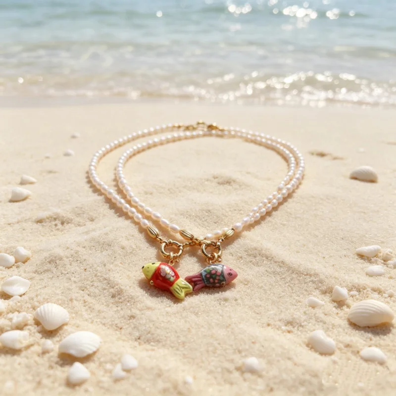 

Small Natural Pearl Beads Strand Chain Fish Pendant Necklace Retro Ceramic Fish Hand-painted Temperament Personalized Lock Chain