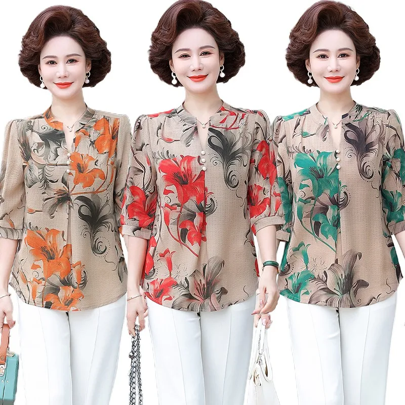 Summer Vintage Broken Flowers Blouse Commute Single-breasted Female Clothing Folk Casual Round Neck Half Sleeve Shirt