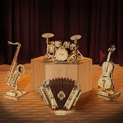 3D Wooden Puzzle Mini Saxophone Drum Accordion Cello DIY Building Block Assembly Model Montessori Children's Educational Toys