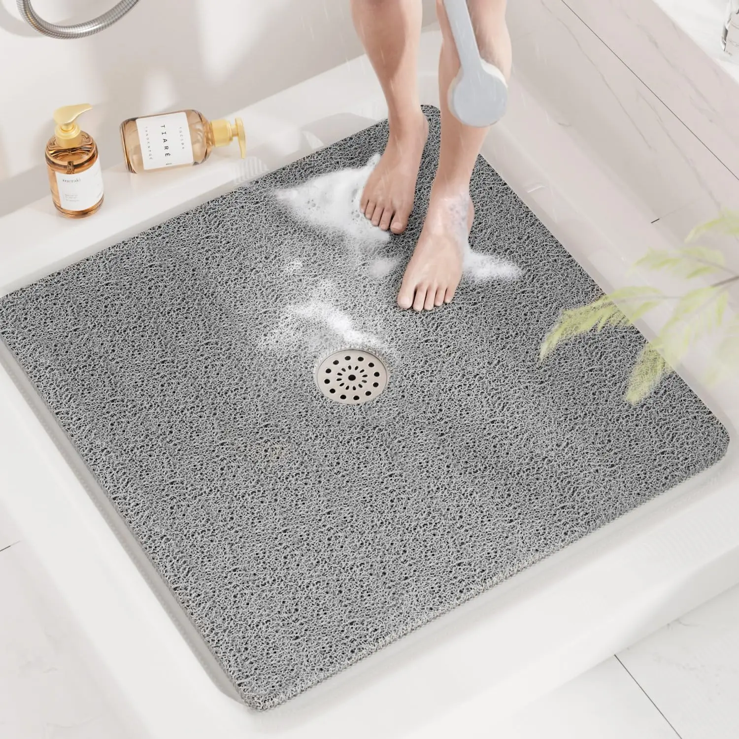 

Square Shower Mat, 32 x 32 Inch Non Slip Bath Mat for Tub, Soft PVC Loofah Bathtub Mats with Drain Holes, Quick Drying B