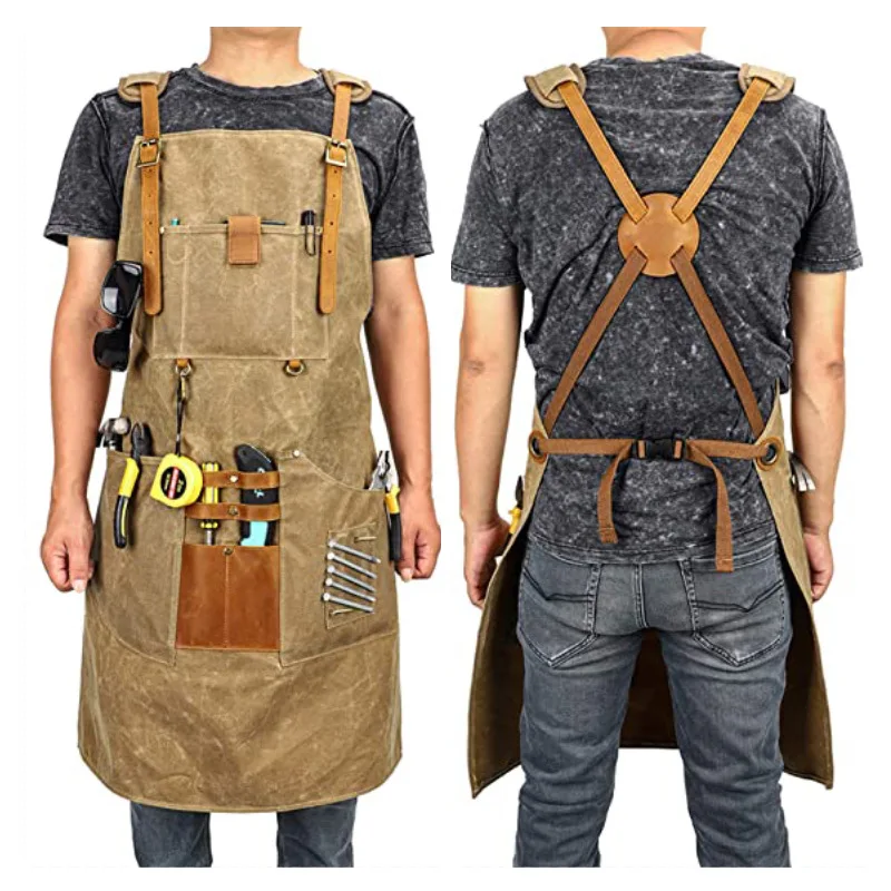 Thickened Canvas Waterproof Woodworking Machinist Antifouling Barista Kitchen Restaurant Repairman Pocket Carpenter Long Apron