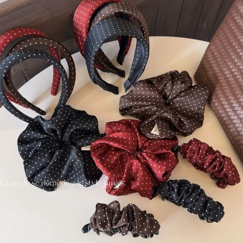 Women Textured Satin Polka Dot Burgundy Elegant Large Intestine Hair Tie Ball Ponytail Easy Match Hair Rope