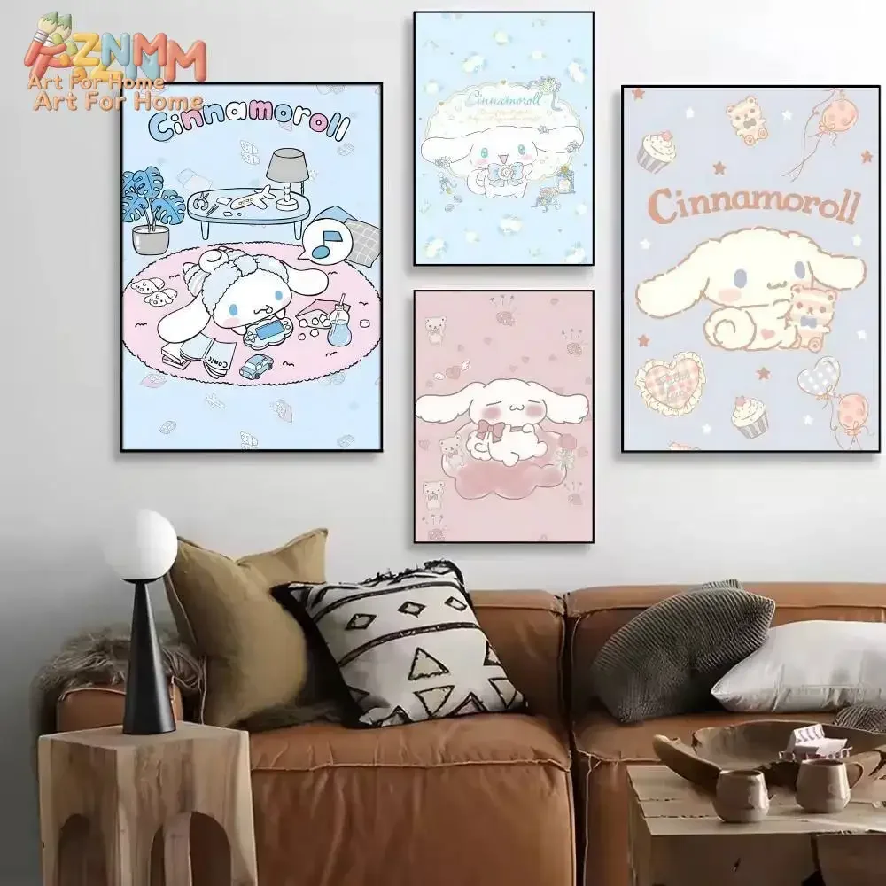 3PCS Cinnamoroll Canvas Poster Cute Cartoon Long Eared Dog Gaming Cake Wall Art Print Girls Bedroom Unframed Painting