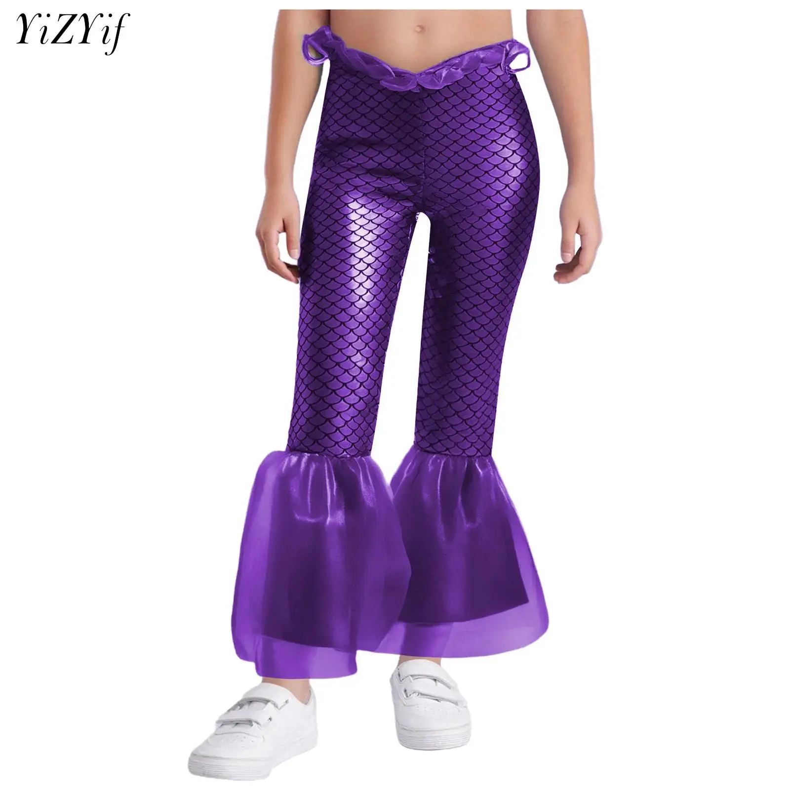 

Расклешенные брюки-клеш с русалкой на Хэллоуин для девочек, брюки-клеш с эластичной резинкой на талии и принтом рыбьей чешуи для тематической вечеринки, косплея
