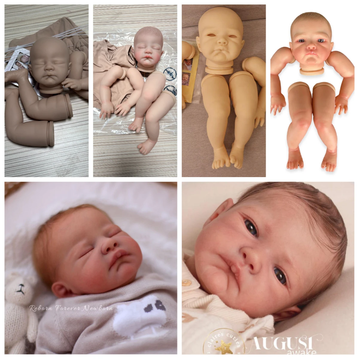 NPK 21inch Reborn Baby Blank /3D Painted Kit August Awake/Sleeping Baby DIY Doll Parts with Cloth Body and Eyes Include